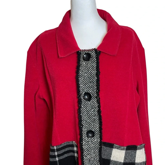 Cameleon Red Black Plaid Patchwork Jacket Large Artwear Made In USA Pockets - Picture 2 of 9